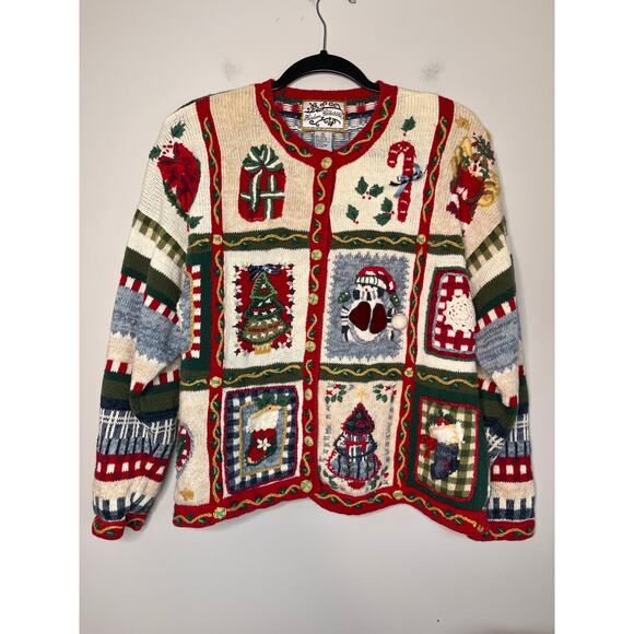 2000s Heirloom Collectibles Patchwork Christmas Nostalgic Holiday Cardigan XL - Picture 1 of 5